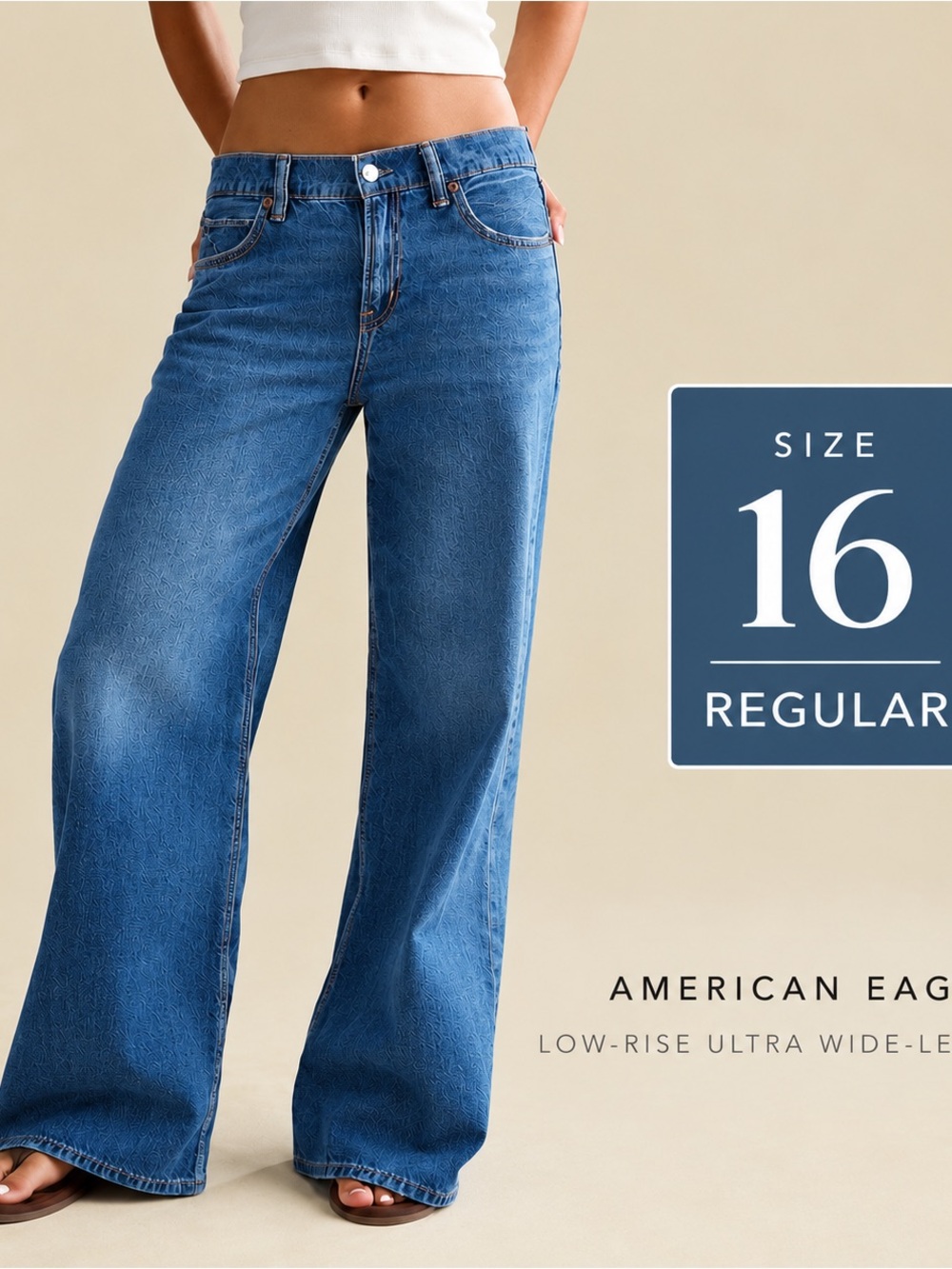 AE Strigid Low Rise Ultra Wide Leg Jeans 16 Regular Medium Indigo